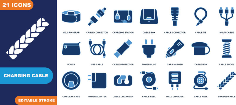 Collection of Charging Cable Icons: A graphic design showcasing a variety of icons representing different types of charging cables and accessories, illustrating connectivity and power solutions.