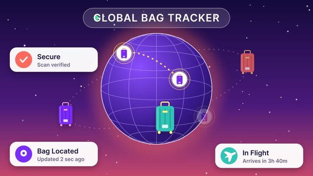 Global luggage tracking system animation showing suitcases moving around the world globe with status notifications on solid background, motion graphics.