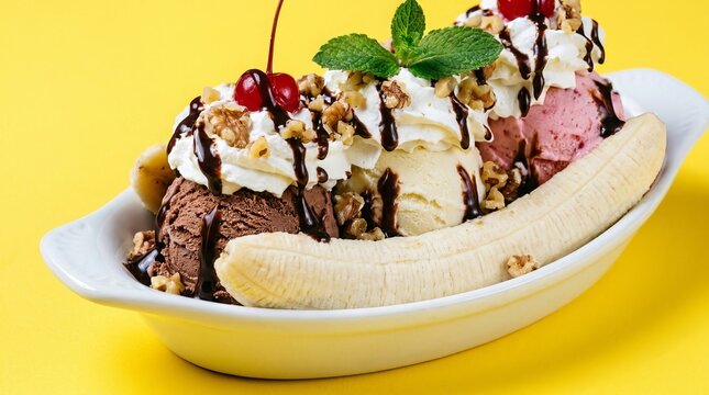 Banana split sundae with vanilla and strawberry ice cream, whipped cream, chocolate sauce and cherry