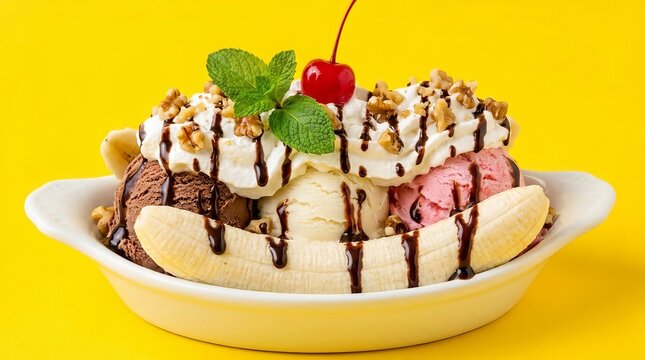 Banana split sundae with vanilla and strawberry ice cream, whipped cream, chocolate sauce and cherry