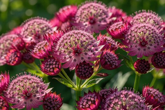 Close up macro shot of pink astrantia flowers in garden. Many magenta star shaped blossoms bloom in summer. Beautiful floral background with deep pink petals, green leaves. Natural botany texture for