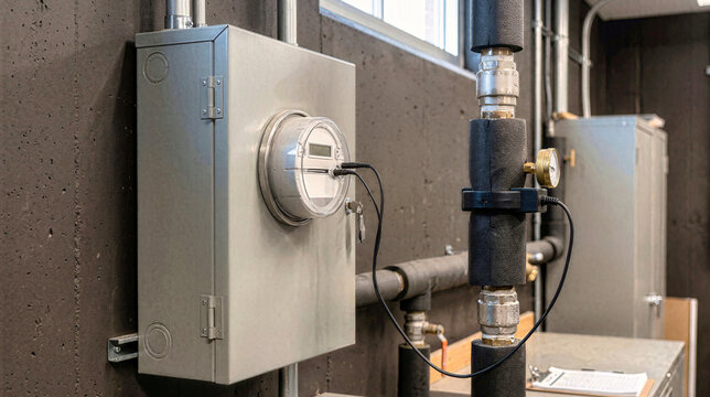 Digital energy meter box with wired sensor clamps on an insulated pipe in a basement. Monitoring system for home heating and electrical consumption in a utility room environment