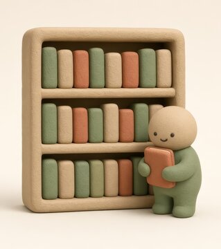 Cute clay figure holding a book beside a large bookshelf, concept of reading, knowledge and love of books