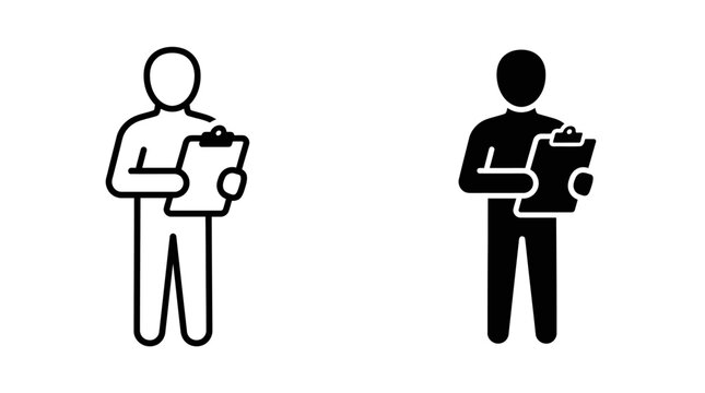 Set of vector icons showing a person holding a clipboard for business tasks.