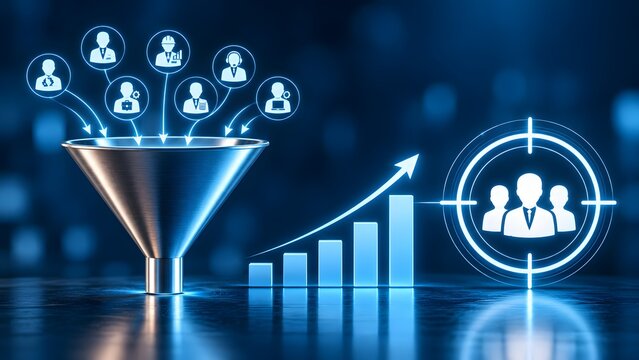 Metallic sales funnel collecting digital user icons and transforming them into rising bar chart and targeted audience representing lead generation marketing analytics and conversion optimization