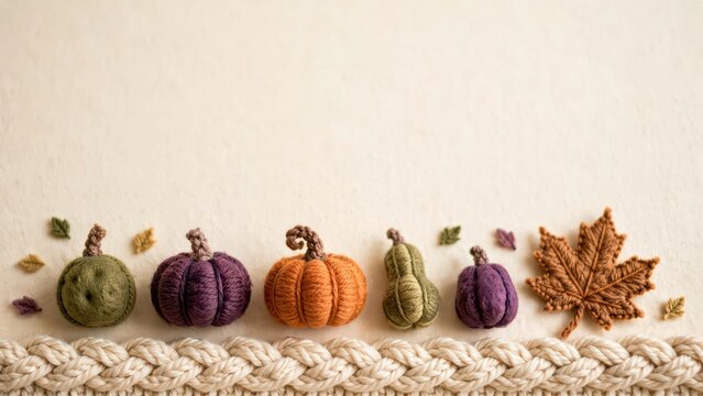 Crocheted pumpkins and maple leaf decorations on a knitted border, autumn seasonal background, festive holiday greeting card 