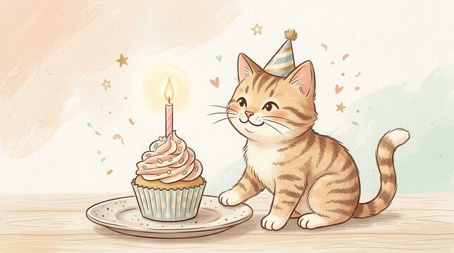 A cute tabby kitten wearing a party hat sitting next to a birthday cupcake with a lit candle, celebrating a festive occasion, cheerful greeting card design