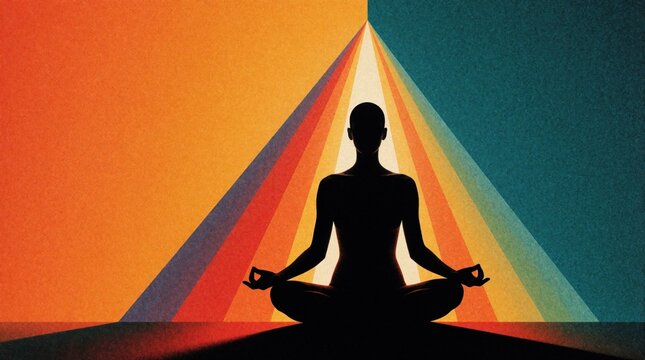 Minimal retro illustration of human silhouette in meditation pose. Colorful chakra energy rays radiate from center behind person. Zen spiritual concept with grainy texture shows aura healing,