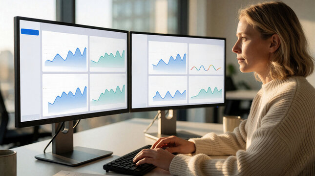 Female L, D manager works on dual monitor setup in office. Admin views microlearning platform dashboard with engagement graphs, data. Pro woman uses software to track learner progress, module