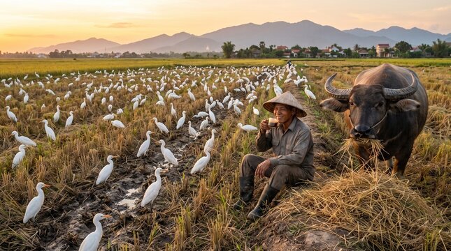Southeast Asian farmer wearing a conical hat drinking coffee in a harvested Oryza sativa rice field beside a Bubalus bubalis water buffalo and a flock of Bubulcus ibis cattle egrets at sunset