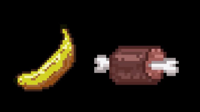 Pixel art loop animation of vintage food items featuring a meat bone and banana on a black background, 8-bit, 2D.