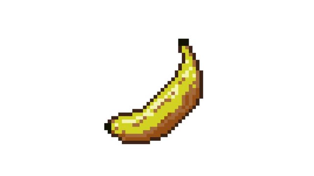 Pixel art loop animation of a yellow banana icon isolated on a white background, retro game style, 8-bit, 2D.