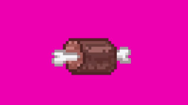 Pixel art style loop animation of a vintage meat bone on a magenta background, retro gaming, 2D.