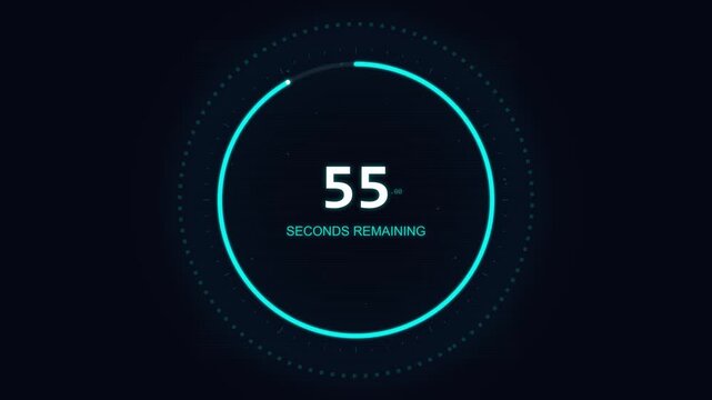 Digital countdown timer futuristic interface showing seconds remaining, technological interface element, digital clock with glowing neon blue accents on dark background