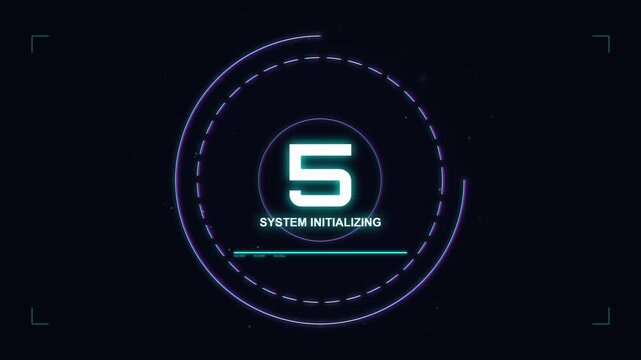Digital countdown timer showing number 5 with futuristic HUD interface, digital glitch effect, and glowing circular elements on dark background