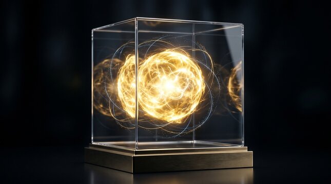 Glowing energy sphere contained within transparent glass cube on reflective