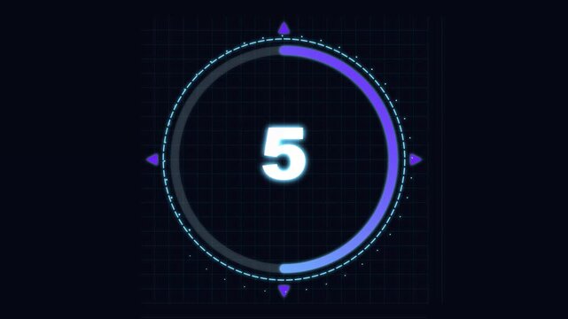Digital countdown timer interface displaying numbers from 7 to 1 with glowing neon circular progress bar on a dark grid background, sci-fi HUD element