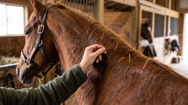 Veterinarian placing acupuncture needles along the neck of a chestnut horse inside a stable