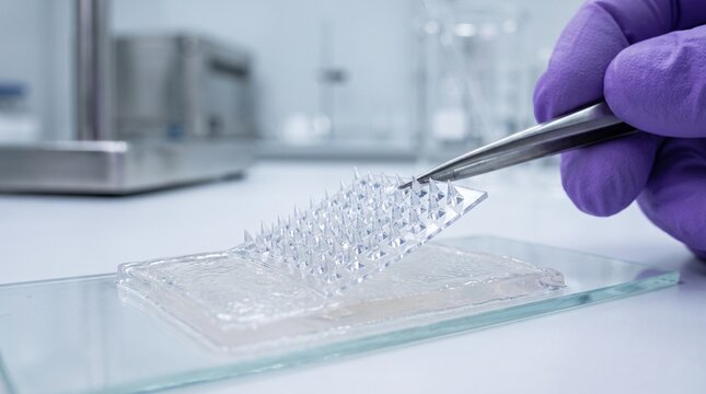 Scientist holding a transparent microneedle patch with tweezers on a glass slide in a research laboratory