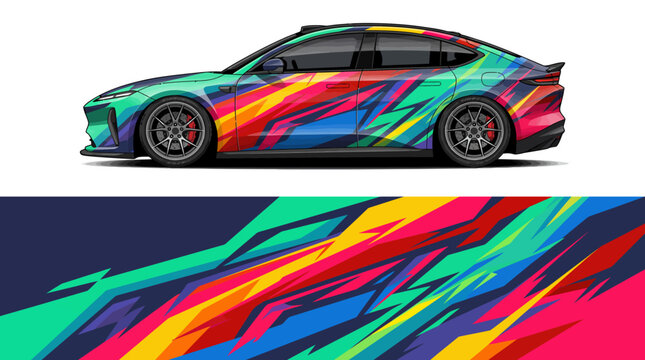 Colorful abstract painted sports car with vibrant design.