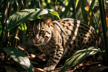 Obraz premium Wild fishing cat with spotted fur stalks through dense green jungle foliage. Small carnivore predator hides among tropical leaves in natural habitat. Rare feline animal looks forward hunting in thick