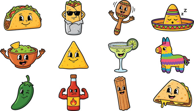 Mexican food cartoon character set featuring taco burrito and hot sauce in colorful retro sticker style for party decor