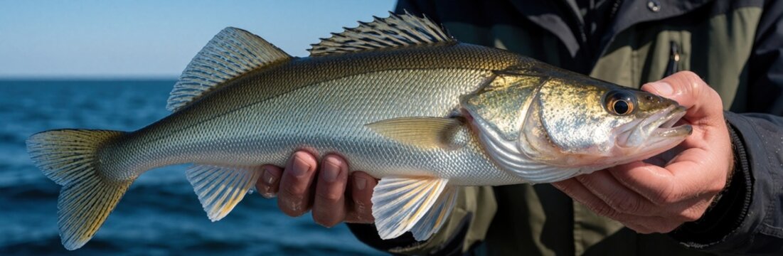 Man holds large zander fish in hands on boat. Angler shows trophy pikeperch catch against blue Baltic sea background. Successful sport fishing hobbyist celebrates catch, release concept during sunny