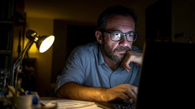 Middle-aged man wearing glasses working on laptop at night