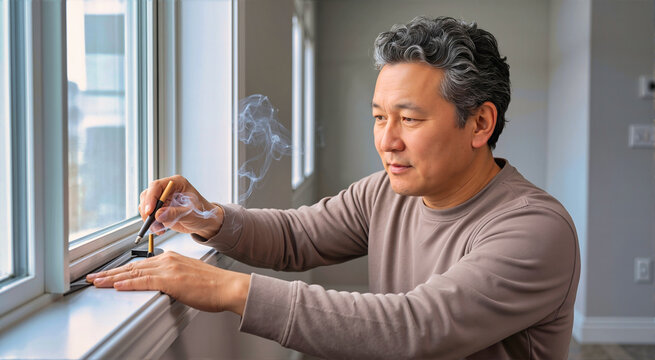 Asian man using a smoke pen to detect air drafts around a window frame. Home energy audit, weatherstripping inspection and insulation check for improved heating efficiency in a residential room
