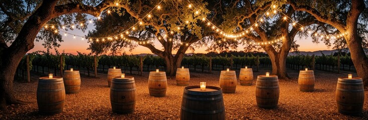 Obraz premium Bohemian wedding reception setup in vineyard at sunset. Rustic wooden barrels serve as cocktail tables with small candles. String lights hang from large oak trees. Romantic outdoor celebration decor