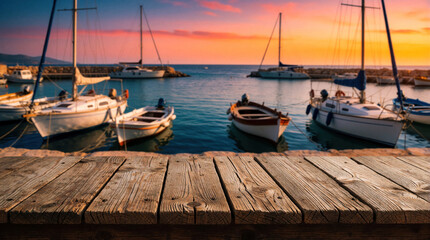 Fototapeta premium Rustic wooden table top in foreground with blurred harbor background. White sailboats float on calm sea during colorful sunset. Beautiful maritime landscape with warm sky, ocean view. Perfect summer