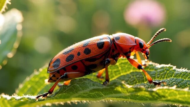 Close up of a spotted red beetle walking across a vibrant green leaf in a sunlit natural outdoor garden