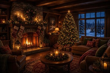 Fototapeta premium Cozy rustic Christmas living room with fireplace and tree