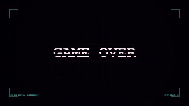 retro videogame game over screen with pixelated text and digital glitch effect, abstract science fiction