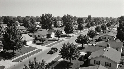 Fototapeta premium Aerial view of suburban residential street in monochrome. Vintage houses with green lawns, trees line quiet road. Classic car drives through neighborhood. Peaceful mid century community scenery shows