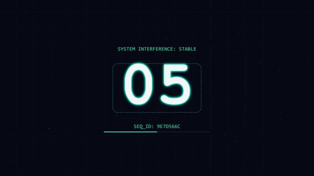 Digital countdown timer with glitch effect, numbers counting down on dark grid background, futuristic technology interface