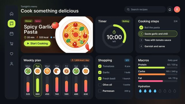 Smart kitchen dashboard interface displaying recipe details, countdown timer, and nutritional data for home cooking management, static screen capture