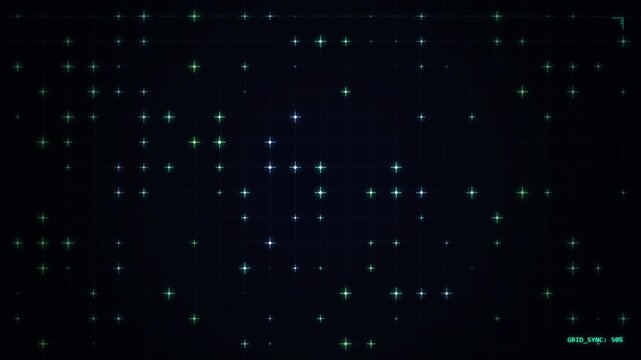 digital grid with glowing green and blue plus signs and dots, abstract technology background, data streams, futuristic interface