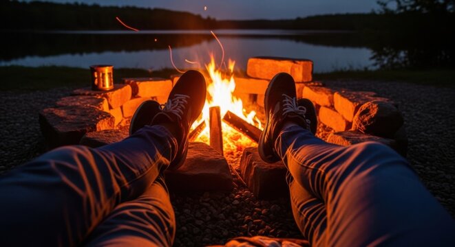 Cozy Campfire Night Legs Relaxing by Fireplace with Lake Reflection at Dusk