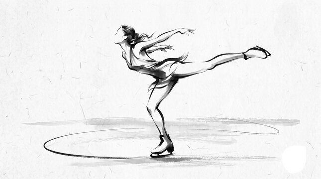 Graceful figure skater ink sketch showing dynamic arabesque glide pose isolated on grid background.