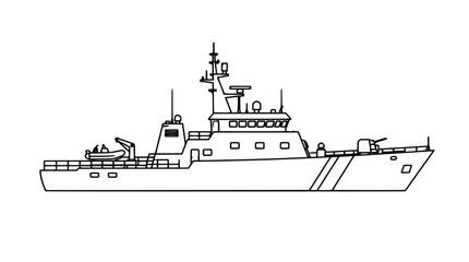 Black outline vector icon of a patrol vessel with wheelhouse mast antennas deck railings and bow gun mount drawn with thin lines in profile composition showing stern launch crane for detail © Benjamin