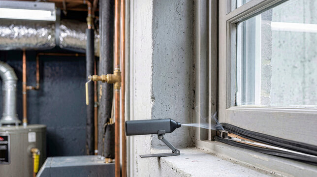 Smoke pencil draft detector revealing air leaks around a window frame in a basement. Energy audit tool for identifying heat loss and improving home heating efficiency. Industrial environment
