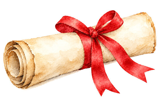 Soft watercolor illustration of a rolled parchment scroll tied with a red ribbon.