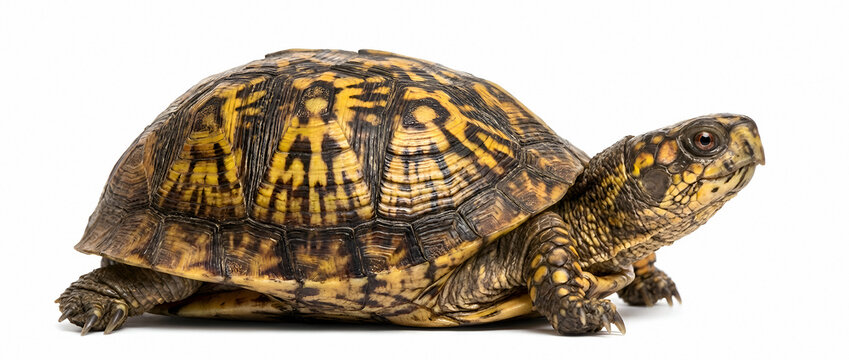 Leopard tortoise with golden and dark brown patterned shell walking on white background