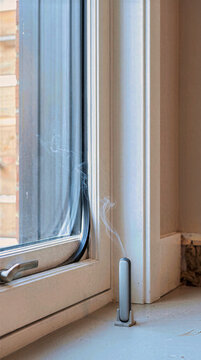 Vertical close-up of a smoke pencil draft detector standing on a wooden window sill to detect air leaks. Professional energy retrofit inspection checking window seal efficiency in a townhouse