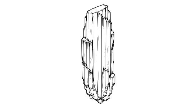 Black outline vector icon of a vertical mineral crystal column with stepped facets and fine lengthwise striations drawn with thin lines in centered upright composition emphasizing basal termination