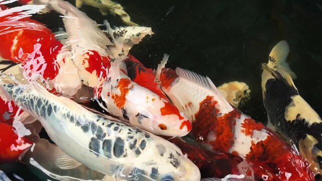 Slow Motion of Crowd of Colorful Koi Fish Swarming and Swimming in Pond