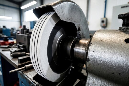 Close up of white abrasive wheel on bench grinder in industrial workshop. Spinning grinding tool with grooves creates surface for metalworking. Pro machine used for precision sharpening, cutting