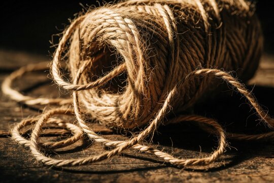 Close up of jute twine spool on dark rustic wood surface. Loose natural fiber rope tangles around old spool. Brown organic cord material for craft projects, gardening, packaging in workshop. Textured
