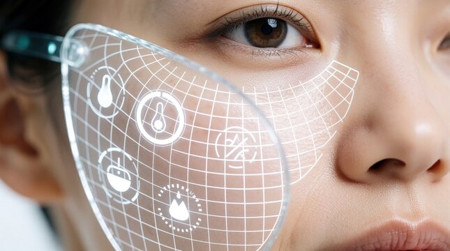 Close up of young woman face with futuristic skin scanner. Transparent glass lens shows holographic grid, digital icons for hydration, pore analysis. High tech dermatology tool checks skin health,
